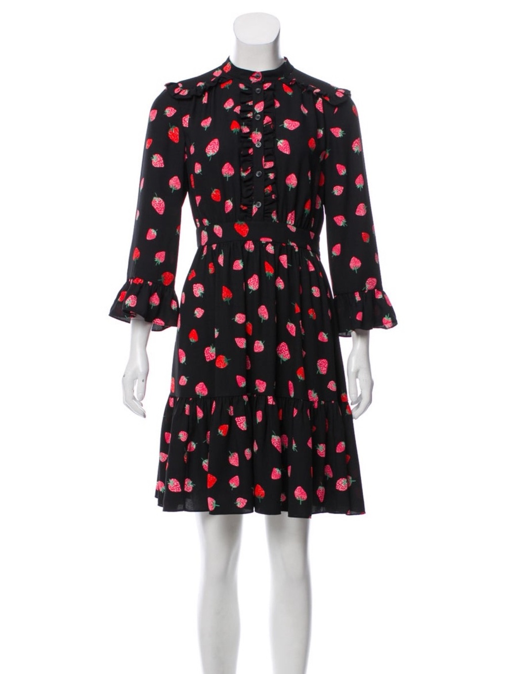 Kate Spade Black Strawberry Print Ruffle Long-Sleeve Dress